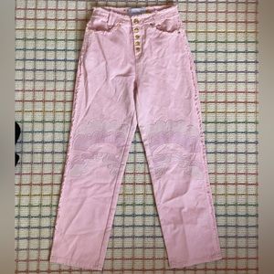 HOUSE OF SUNNY / FREE PEOPLE PINK DAY TRIPPER JESSIE PATCHWORK JEANS: size US 2